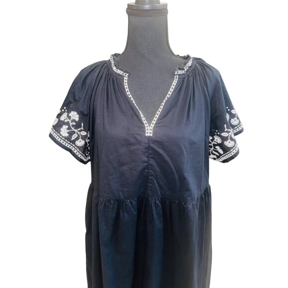 Old Navy Black Embroidered Short Sleeve Boho Swing Dress Pockets L Cottage Boho - Picture 3 of 9